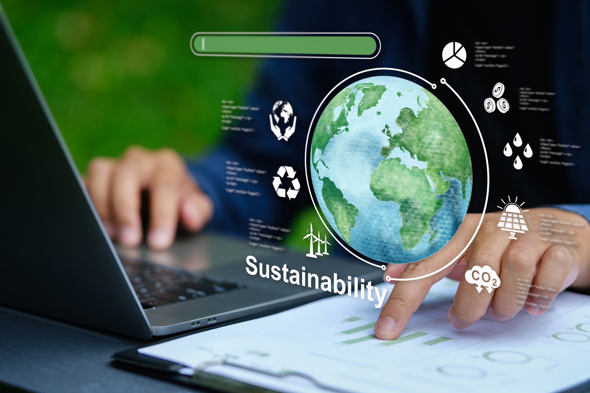 Businessmen use computers to analyze sustainability and consider global warming, green investment, analysis, green work, green company growth targets, etc.